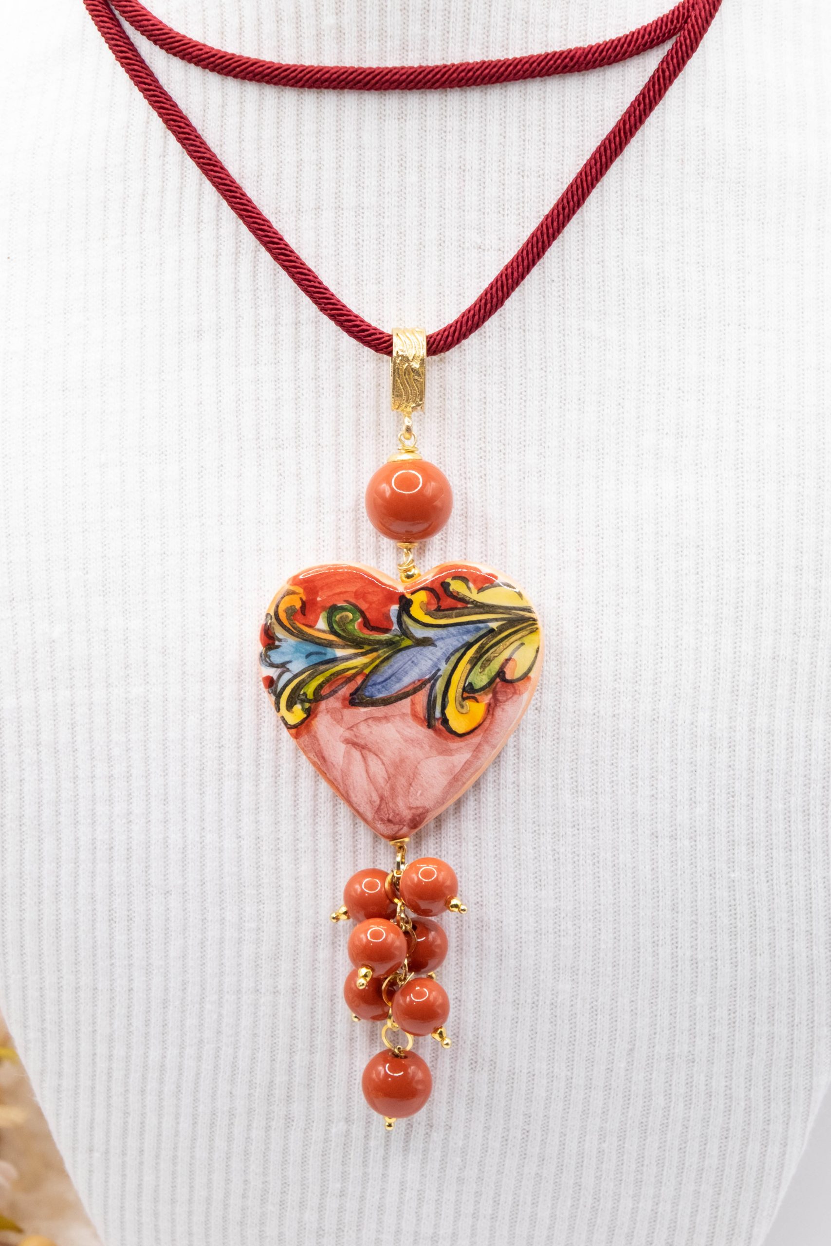 SICILIAN NECKLACE HEART CERAMIC FROM CALTAGIRONE RED BEADS SICILIAN CORD (3)