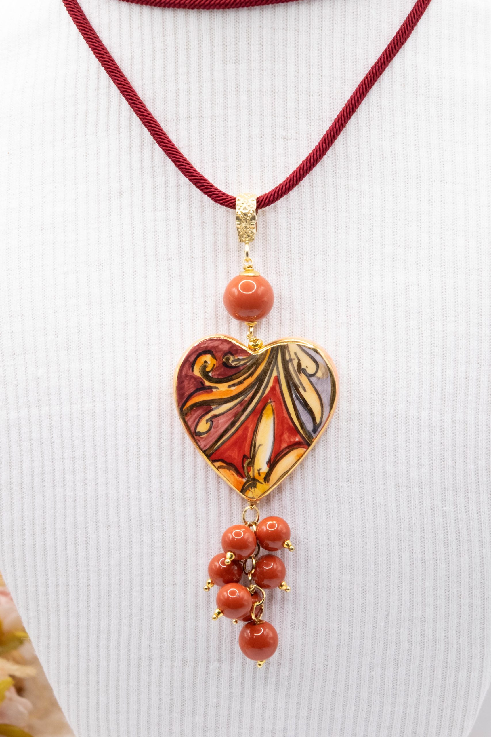 SICILIAN NECKLACE HEART CERAMIC FROM CALTAGIRONE RED BEADS SICILIAN CORD (4)