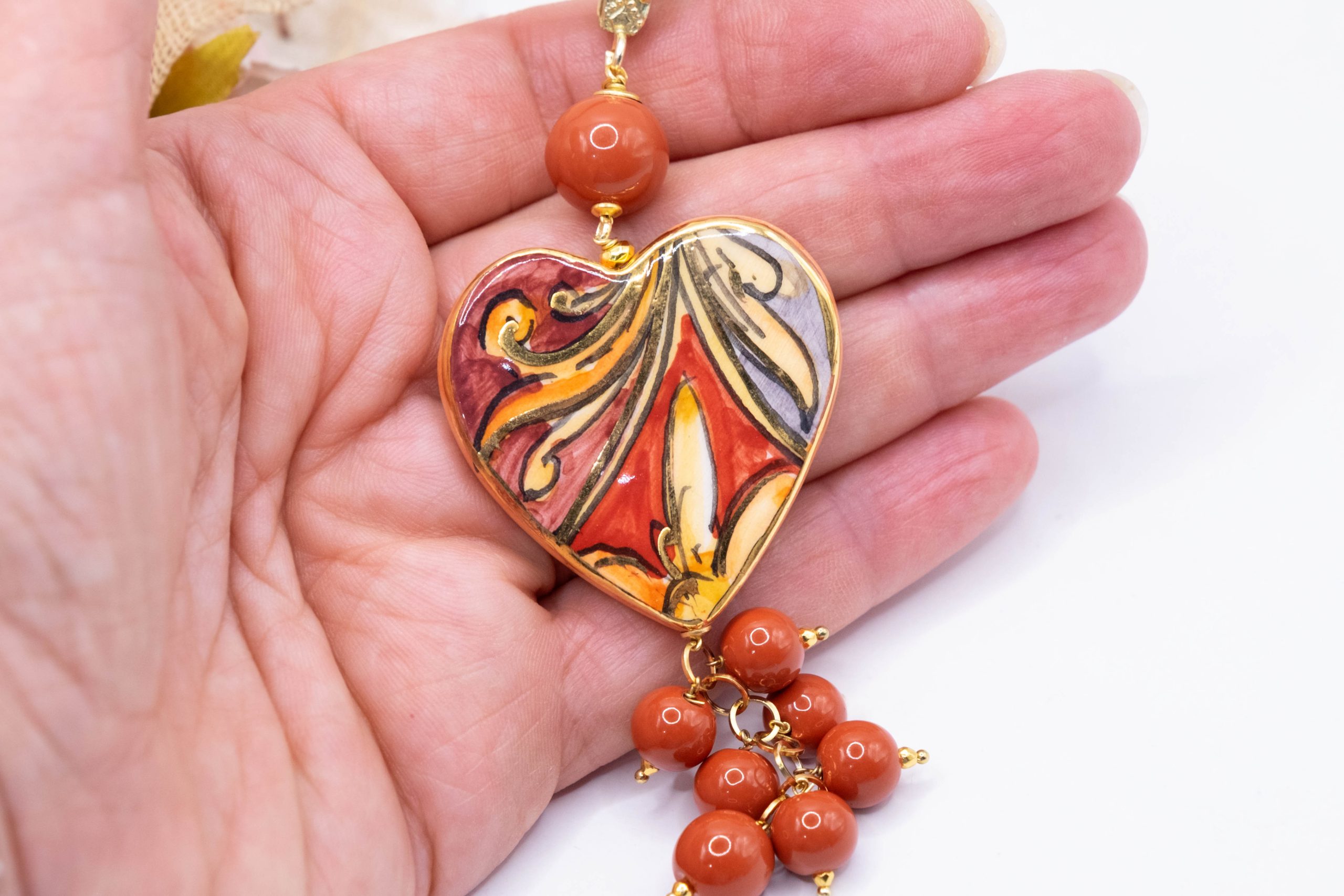 SICILIAN NECKLACE HEART CERAMIC FROM CALTAGIRONE RED BEADS SICILIAN CORD (5)