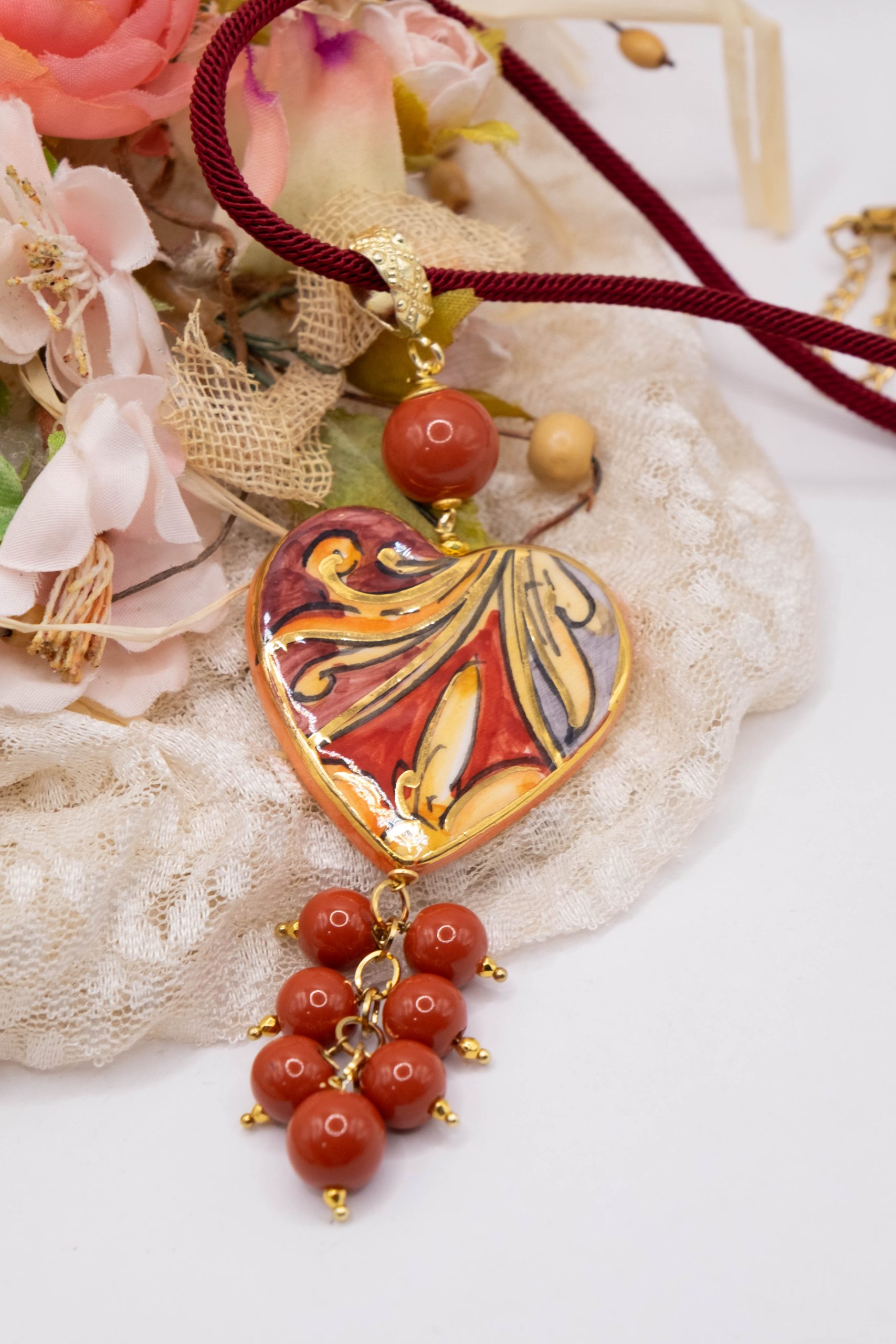 SICILIAN NECKLACE HEART CERAMIC FROM CALTAGIRONE RED BEADS SICILIAN CORD (6)