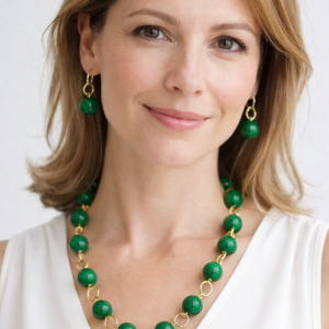 Parure Collana Decoltè + Orecchini Resina Verde Smeraldo Ottone Alluminio