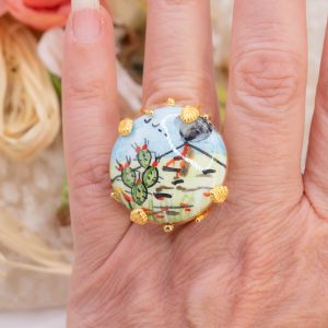 Anello Artigianale con mattonella ceramica di Caltagirone Etna e Fico