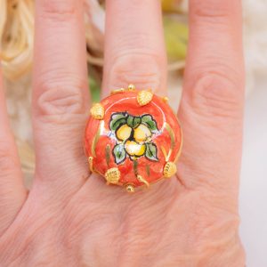 Anello Artigianale con mattonella ceramica di Caltagirone Limoni Rosso