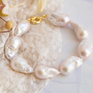 Bracciale Perle Bianche Naturali Argento 925 Placcato Oro 15,5/16