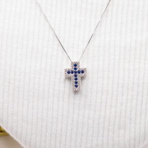 Collana Croce in argento 925 rodiato con zirconi zaffiro