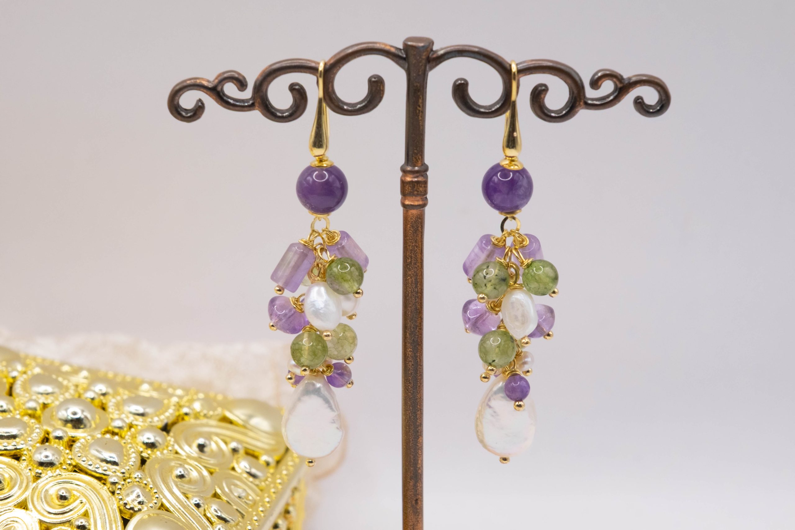 TURQUOISE OLIVINE PEARL BUNCH NECKLACE SILVER (1)