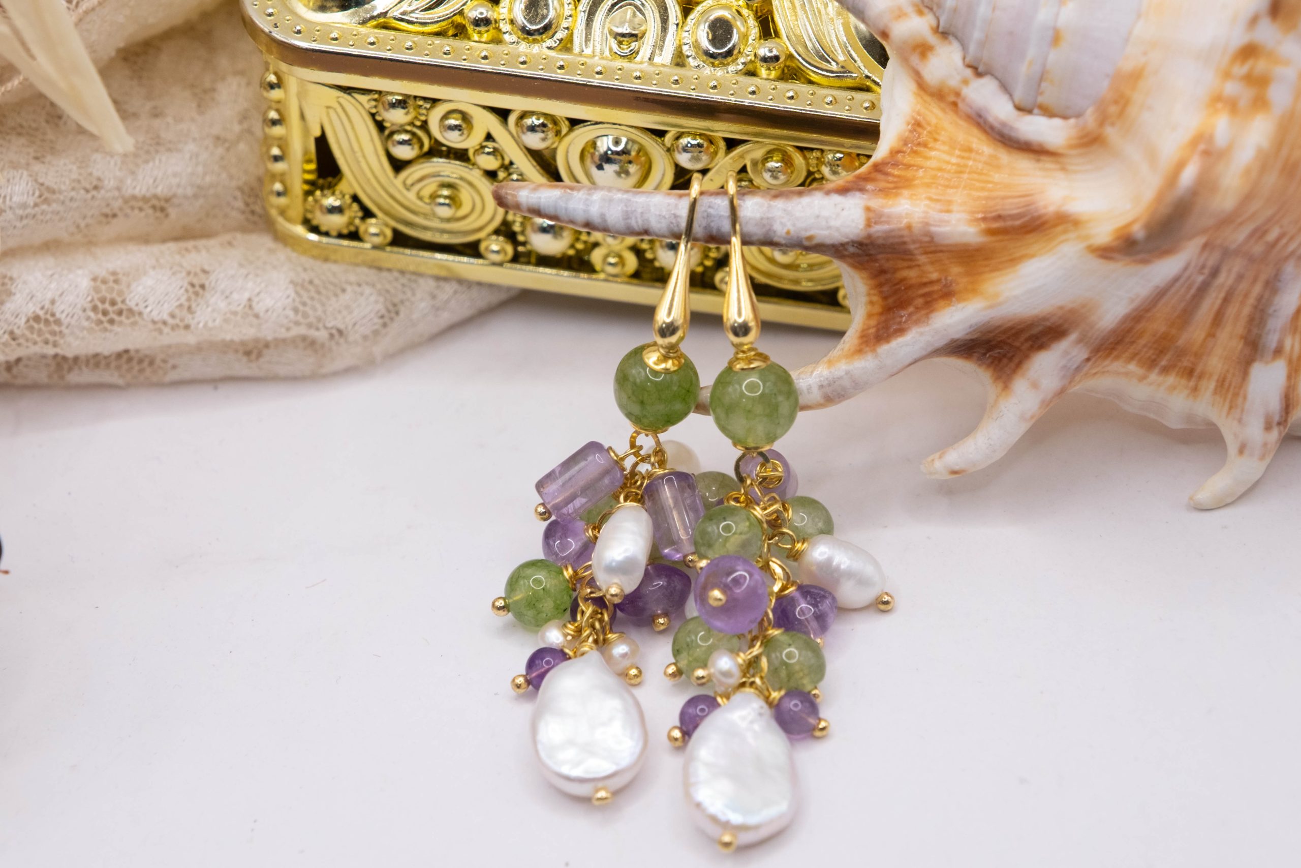 TURQUOISE OLIVINE PEARL BUNCH NECKLACE SILVER (6)