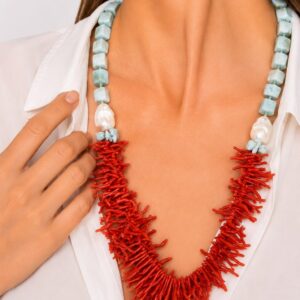 Collana Artigianale Corallo Larimar Perle Argento 925 Dorato