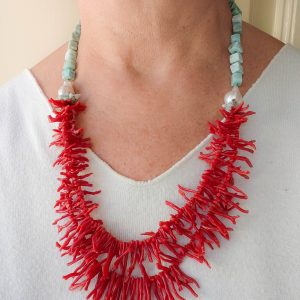 Collana Artigianale Corallo Larimar Perle Argento 925 Dorato