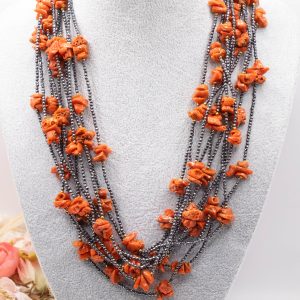 Collana Multifilo Zirconi Neri Corallo Rosso Mediterraneo Argento