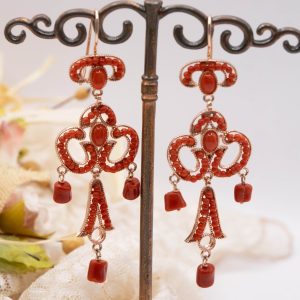 Orecchini Chandelier Corallo Rosso Mediterraneo Argento 925 Rosa