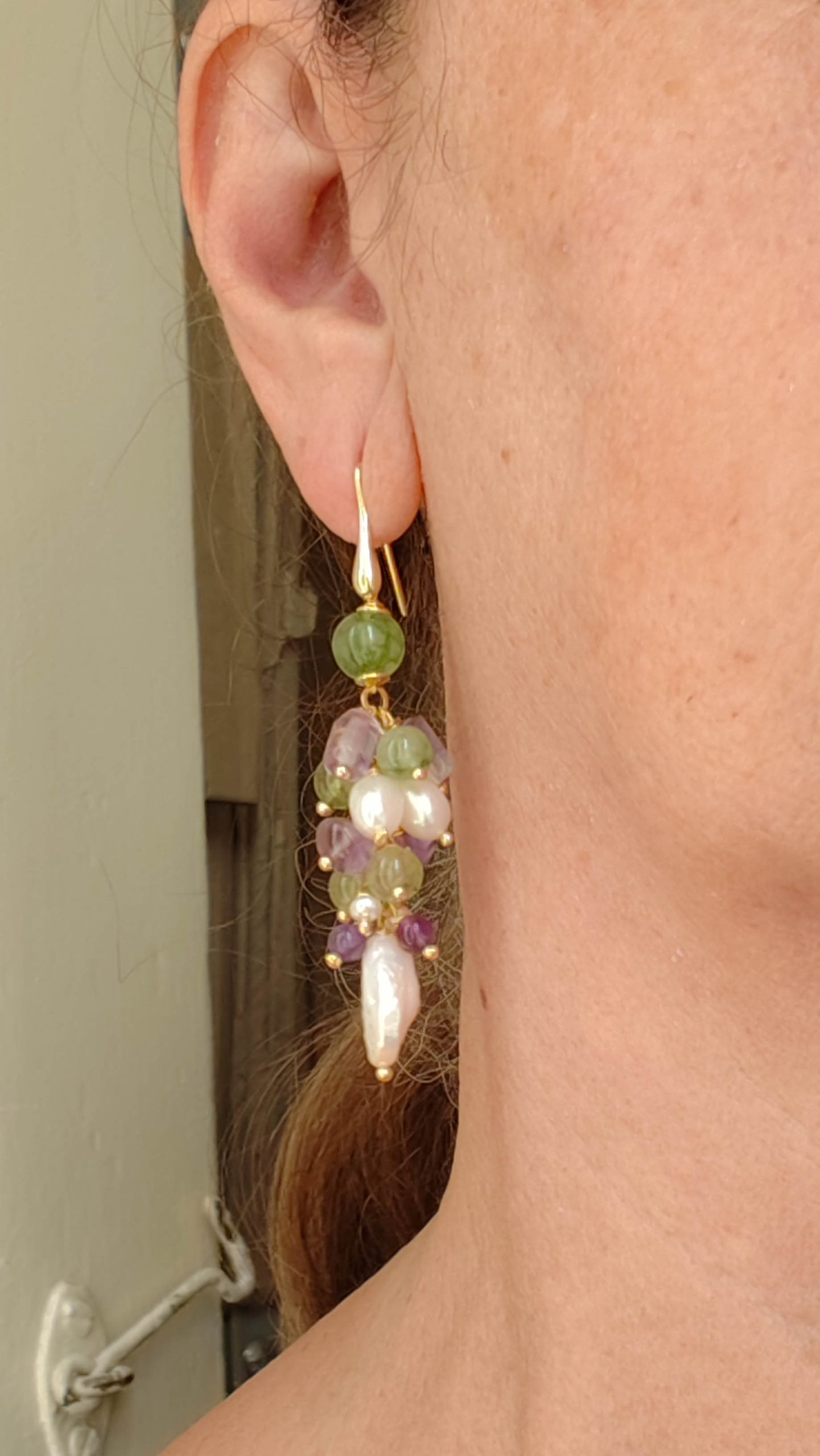 Green Jade and Amethyst Earrings in Silver