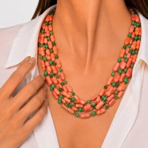 Collana Multifilo Corallo Bamboo Rosa Salmone Giada Verde