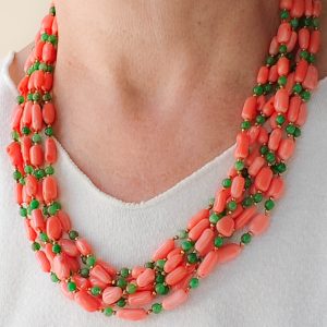 Collana Multifilo Corallo Bamboo Rosa Salmone Giada Verde