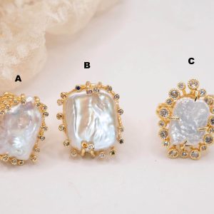 Anello Artigianale Grande Perla Naturale Zirconi Ottone 3 varianti
