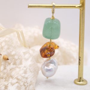 Ciondolo Pendente Ambra del Baltico Fluorite Perla Argento 925