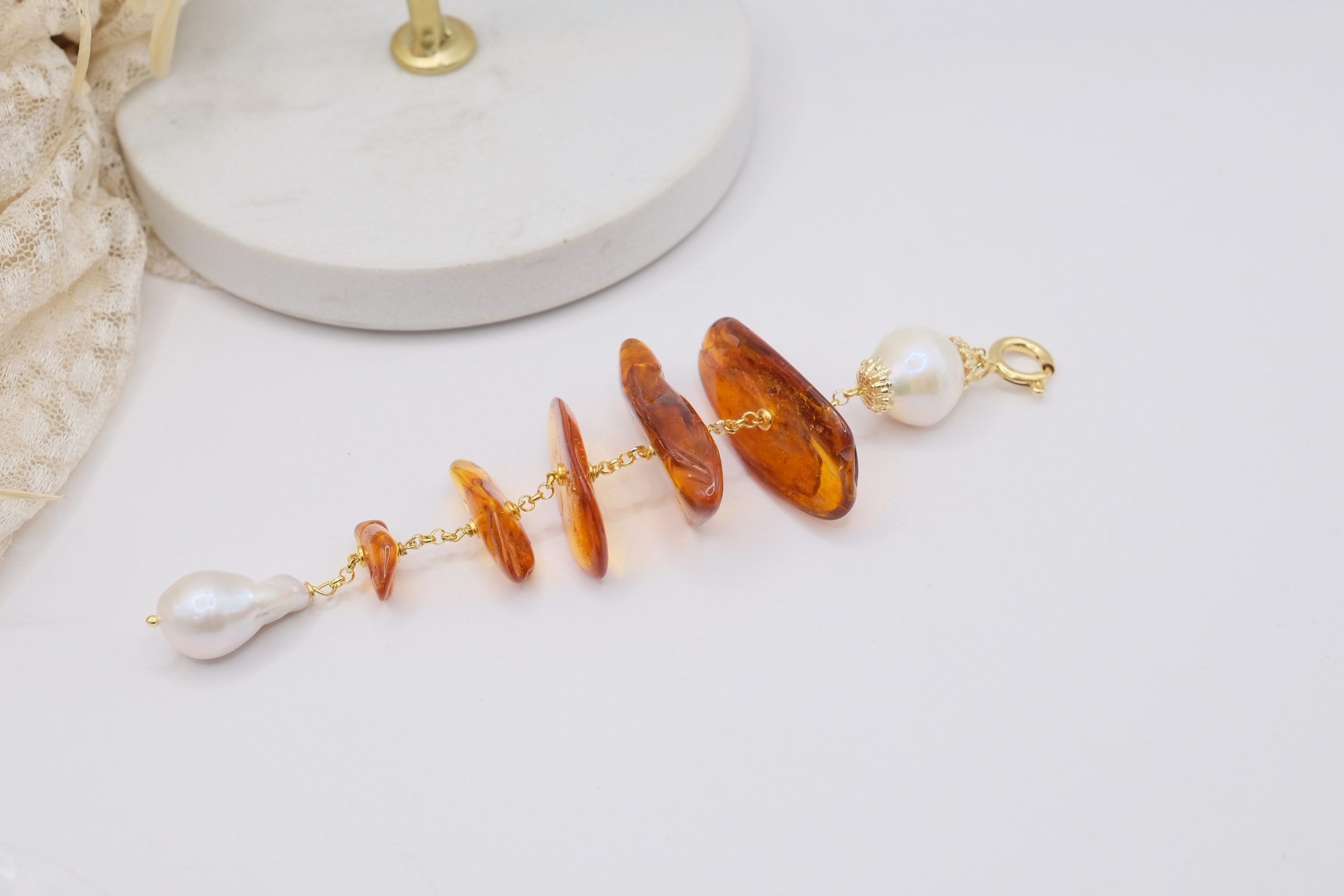 CIONDOLO LISCA DI PESCE AMBRA PERLE ARGENTO 925 PLACCATO ORO (1)