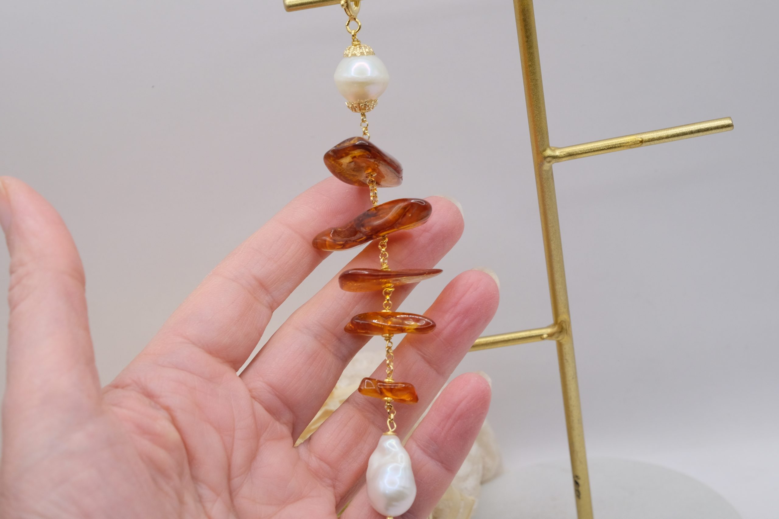 CIONDOLO LISCA DI PESCE AMBRA PERLE ARGENTO 925 PLACCATO ORO (3)