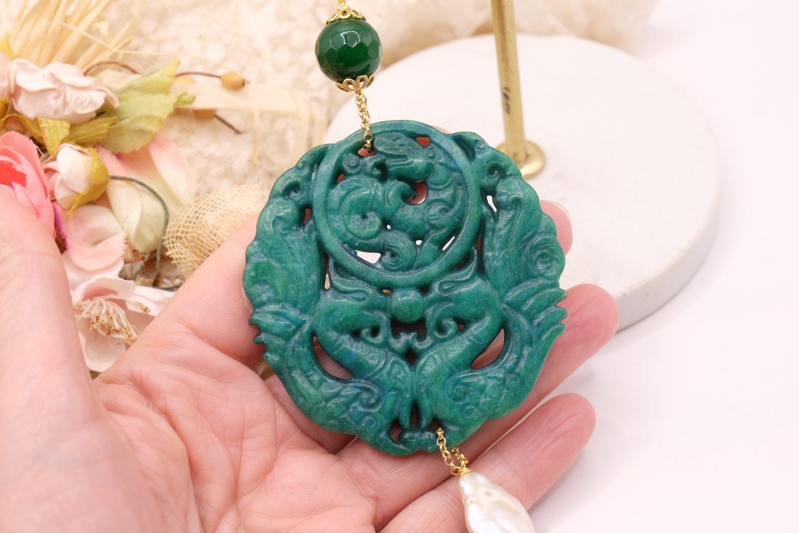 CIONDOLO MANDALA PENDENTE VERDE CON PIETRE PERLE (1)