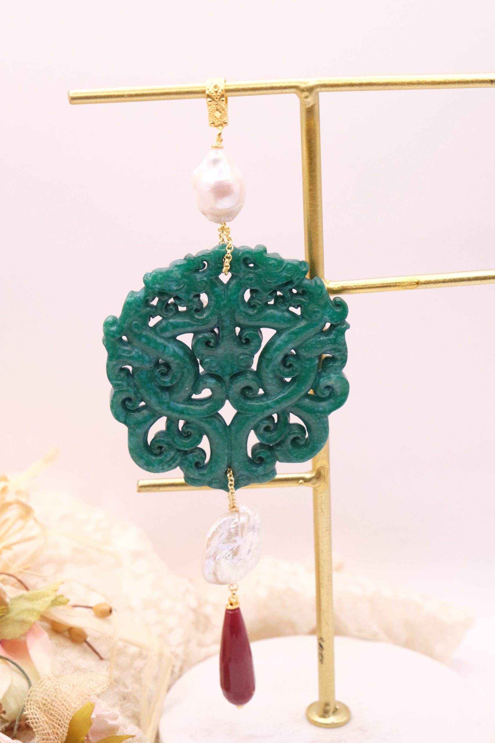 CIONDOLO MANDALA PENDENTE VERDE CON PIETRE PERLE (10)
