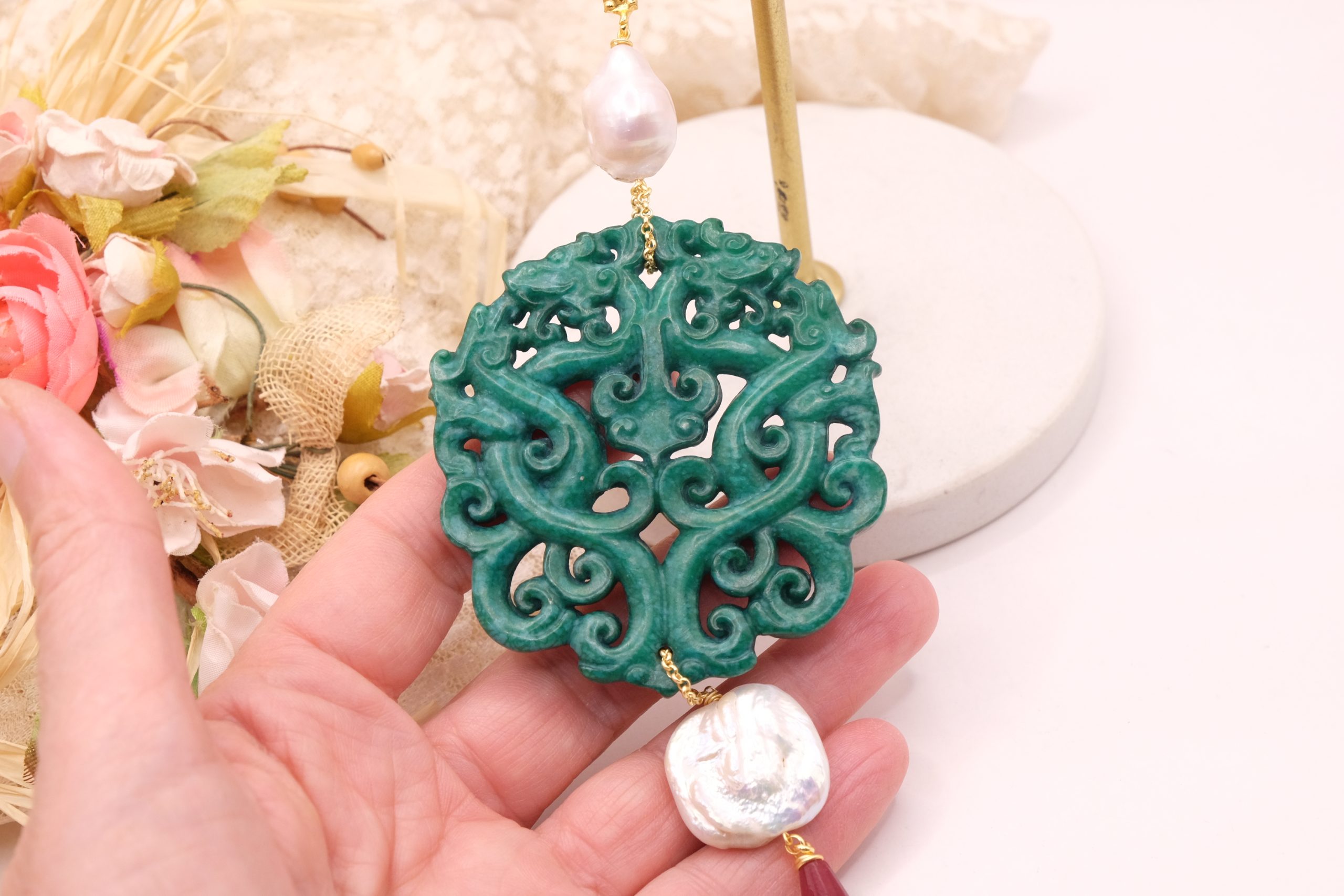 CIONDOLO MANDALA PENDENTE VERDE CON PIETRE PERLE (11)