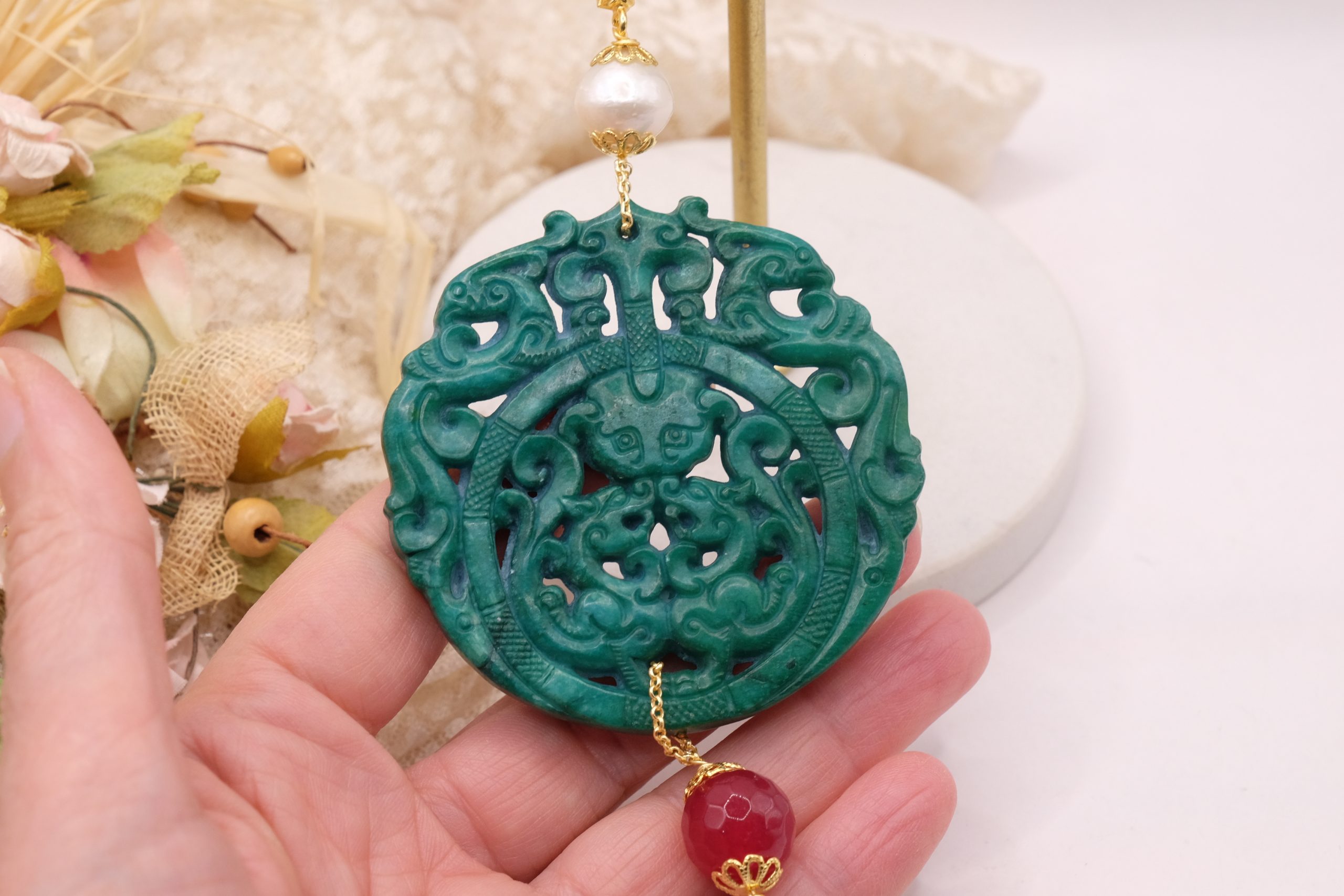CIONDOLO MANDALA PENDENTE VERDE CON PIETRE PERLE (13)