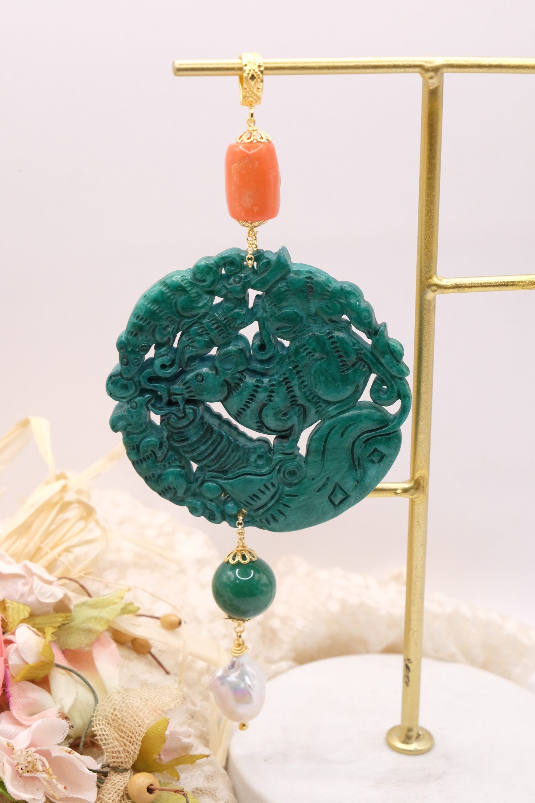 CIONDOLO MANDALA PENDENTE VERDE CON PIETRE PERLE (14)