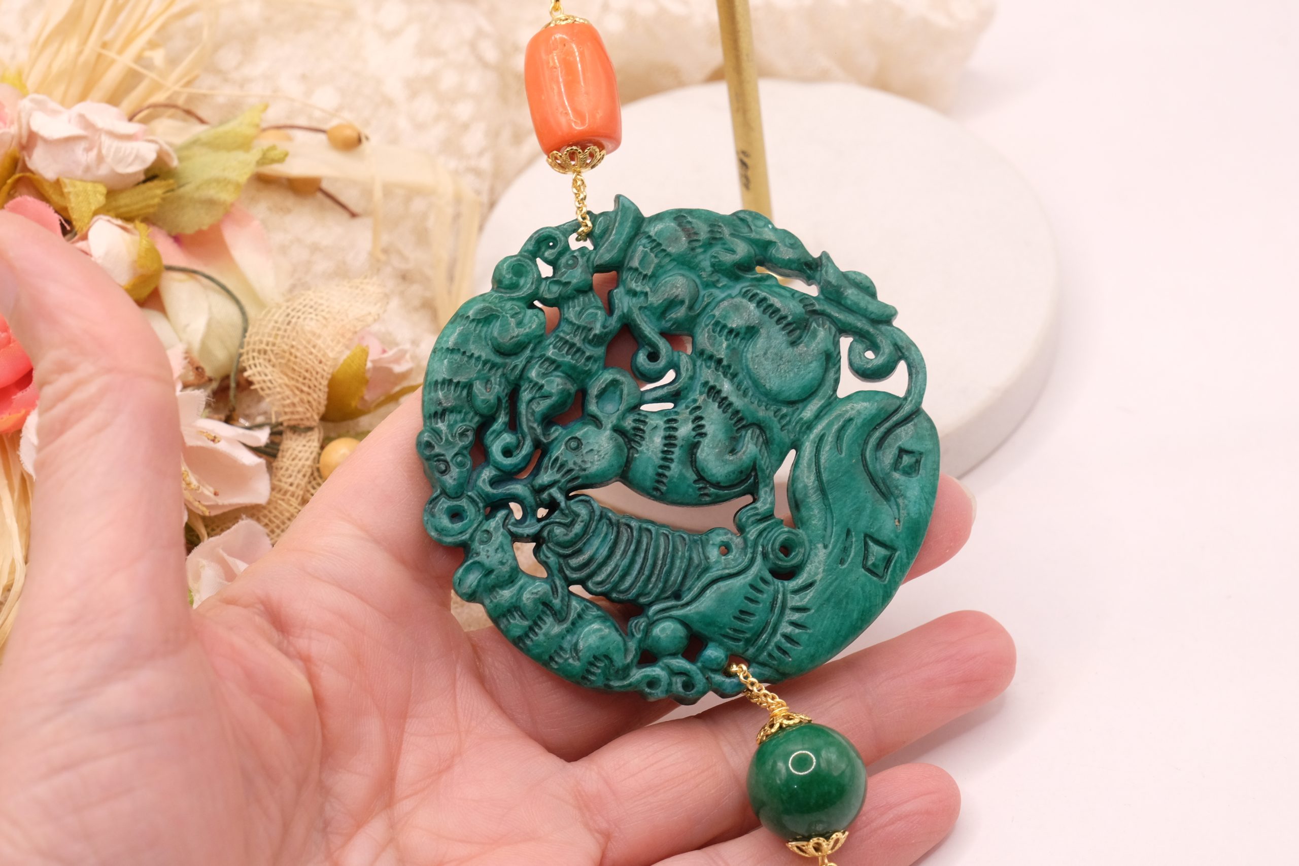 CIONDOLO MANDALA PENDENTE VERDE CON PIETRE PERLE (15)