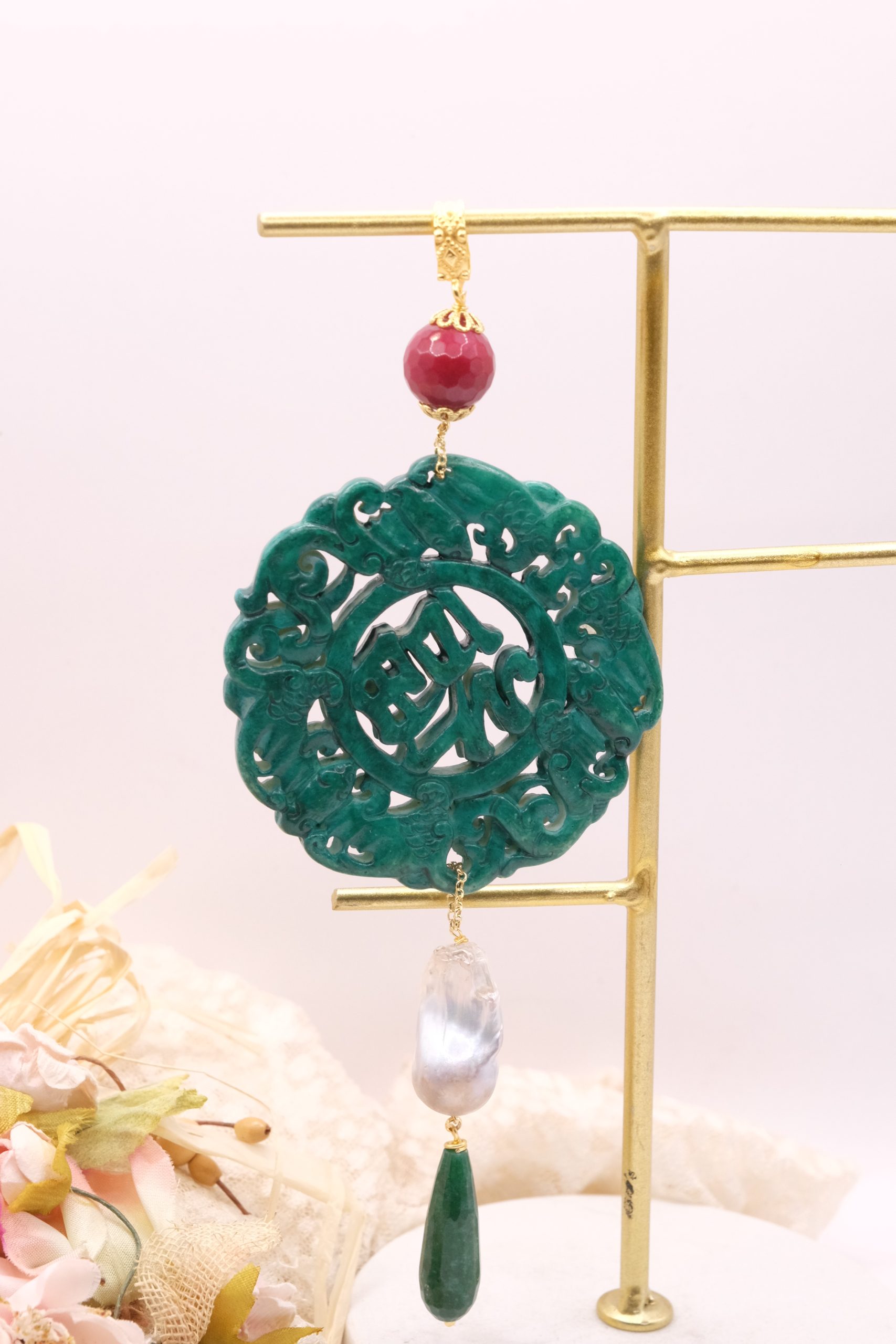 CIONDOLO MANDALA PENDENTE VERDE CON PIETRE PERLE (16)