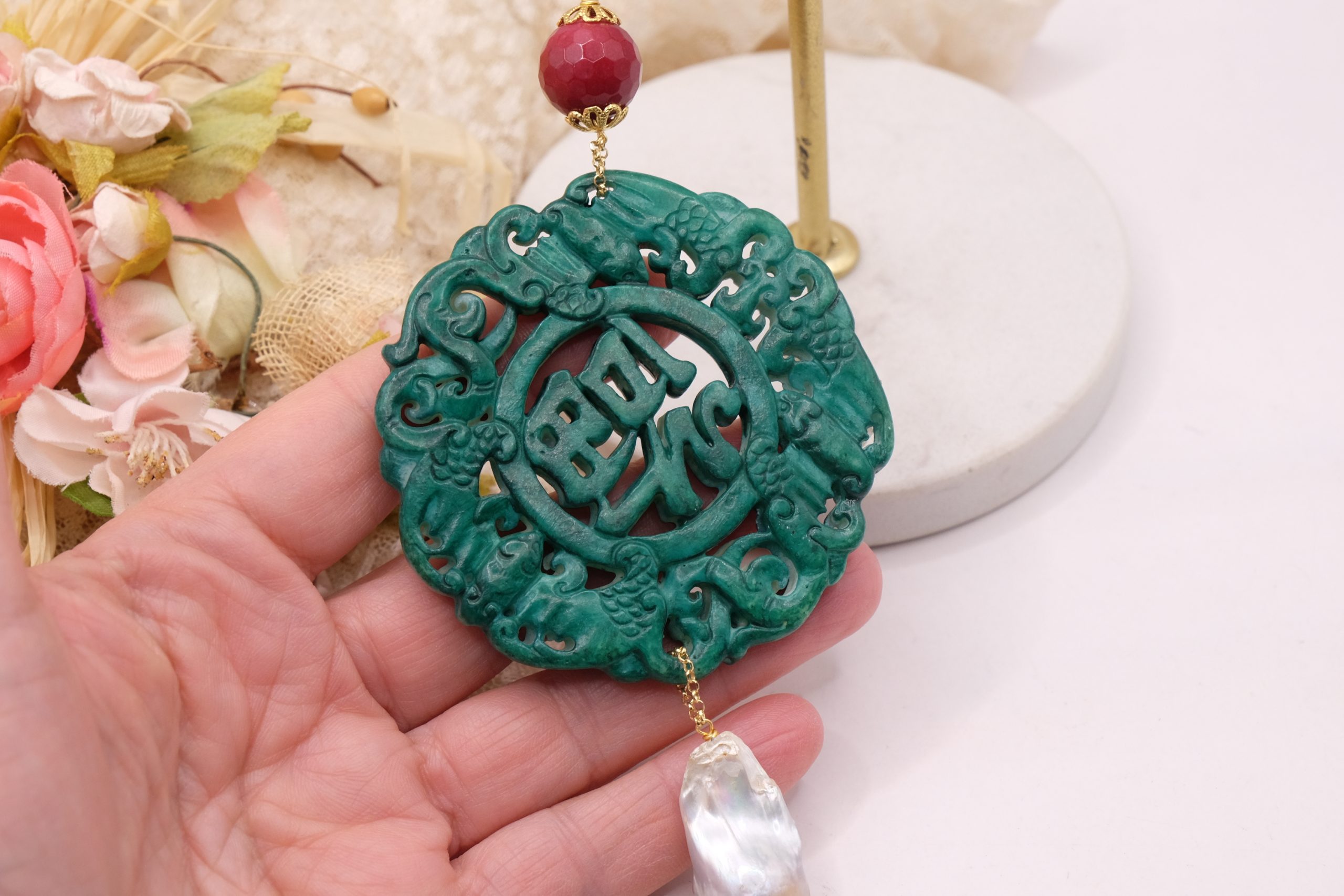 CIONDOLO MANDALA PENDENTE VERDE CON PIETRE PERLE (17)