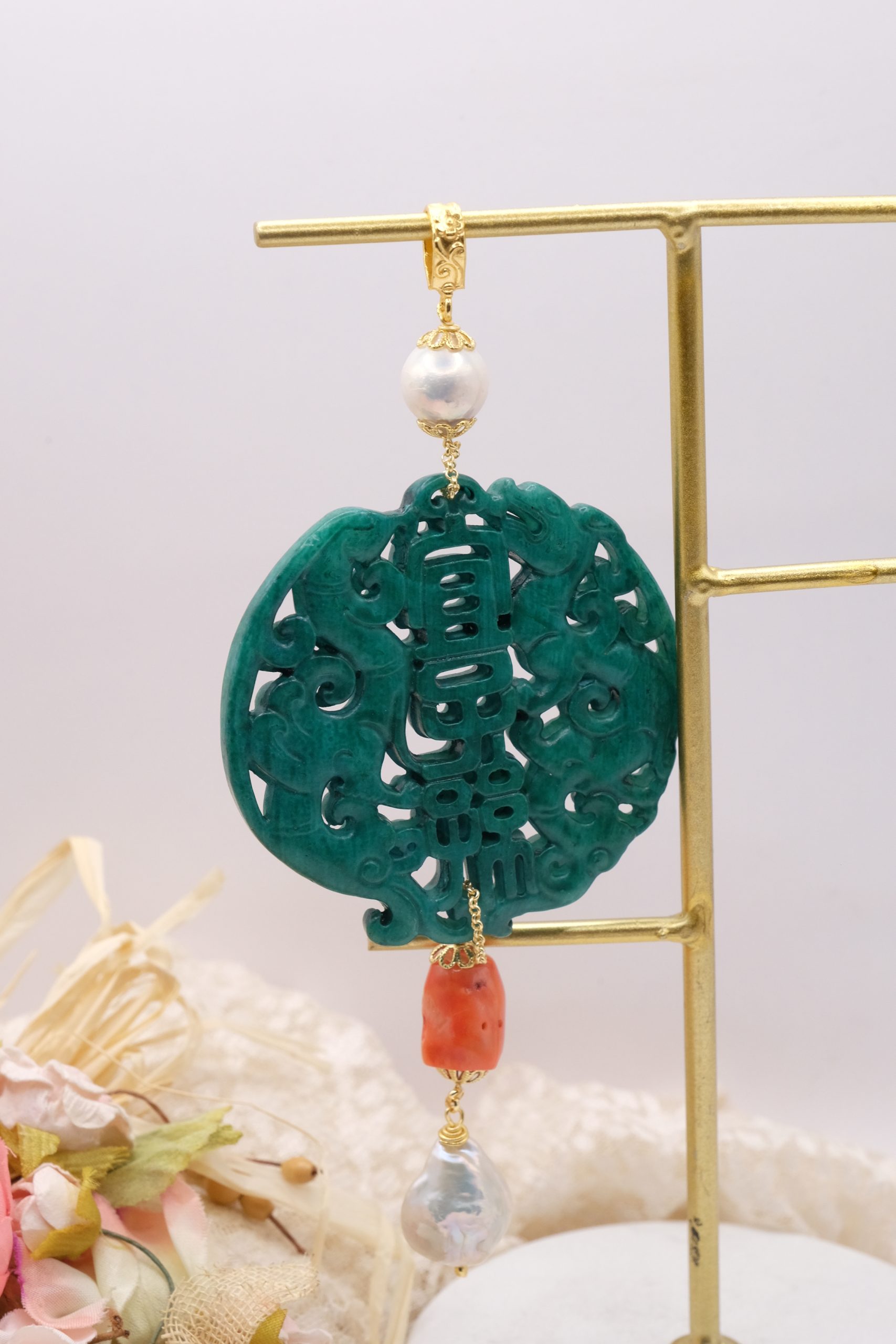 CIONDOLO MANDALA PENDENTE VERDE CON PIETRE PERLE (2)