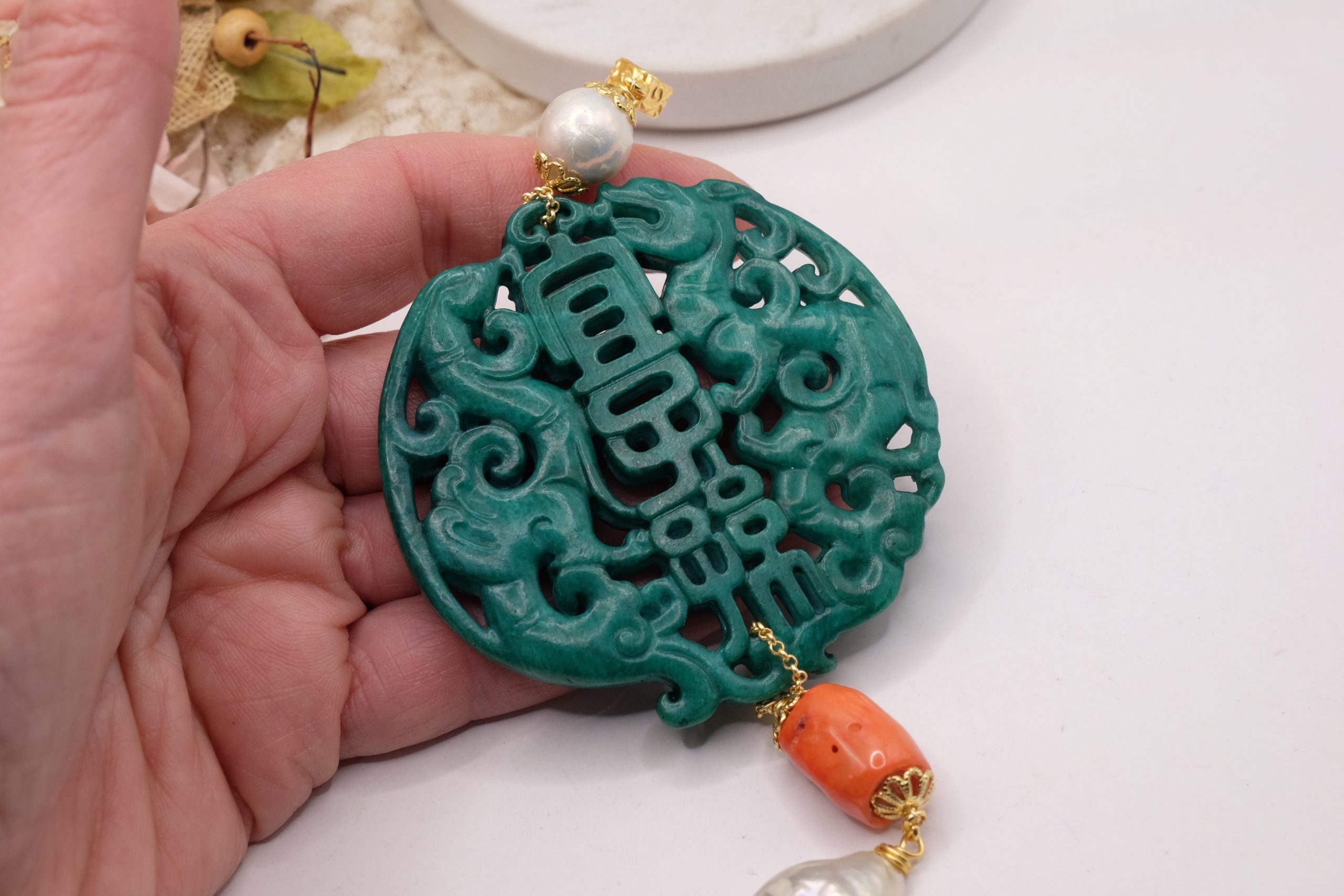 CIONDOLO MANDALA PENDENTE VERDE CON PIETRE PERLE (3)