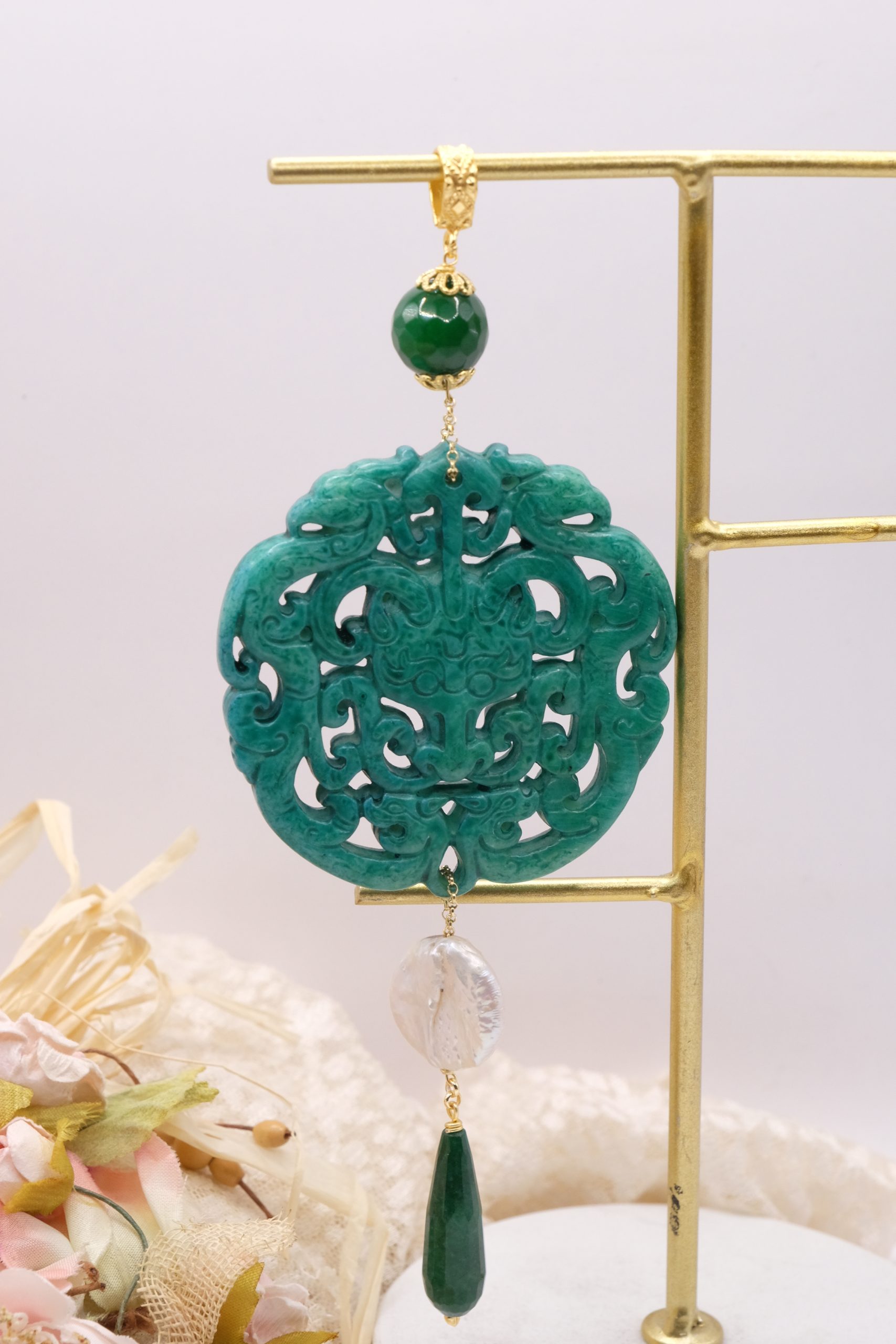 CIONDOLO MANDALA PENDENTE VERDE CON PIETRE PERLE (4)