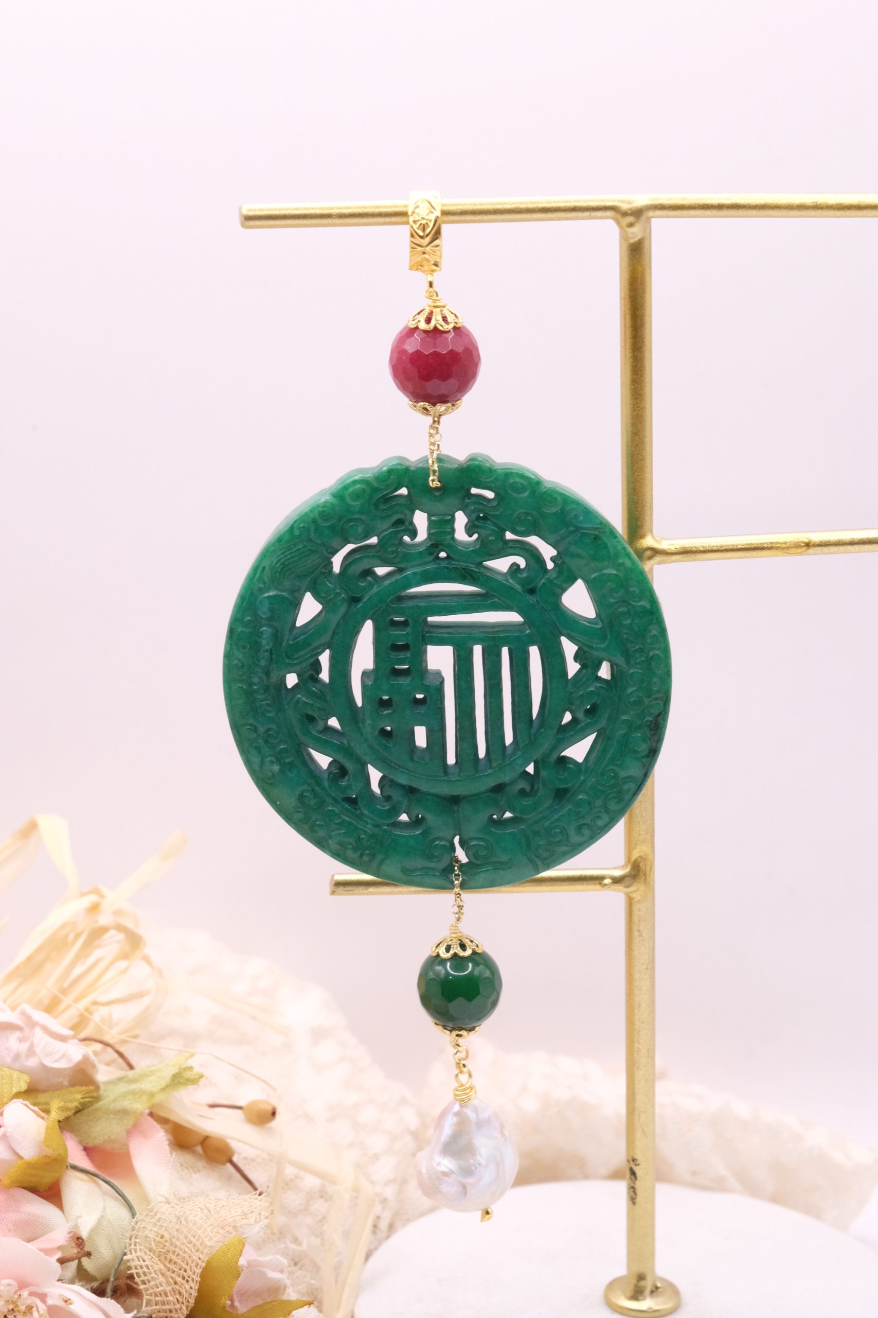 CIONDOLO MANDALA PENDENTE VERDE CON PIETRE PERLE (6)