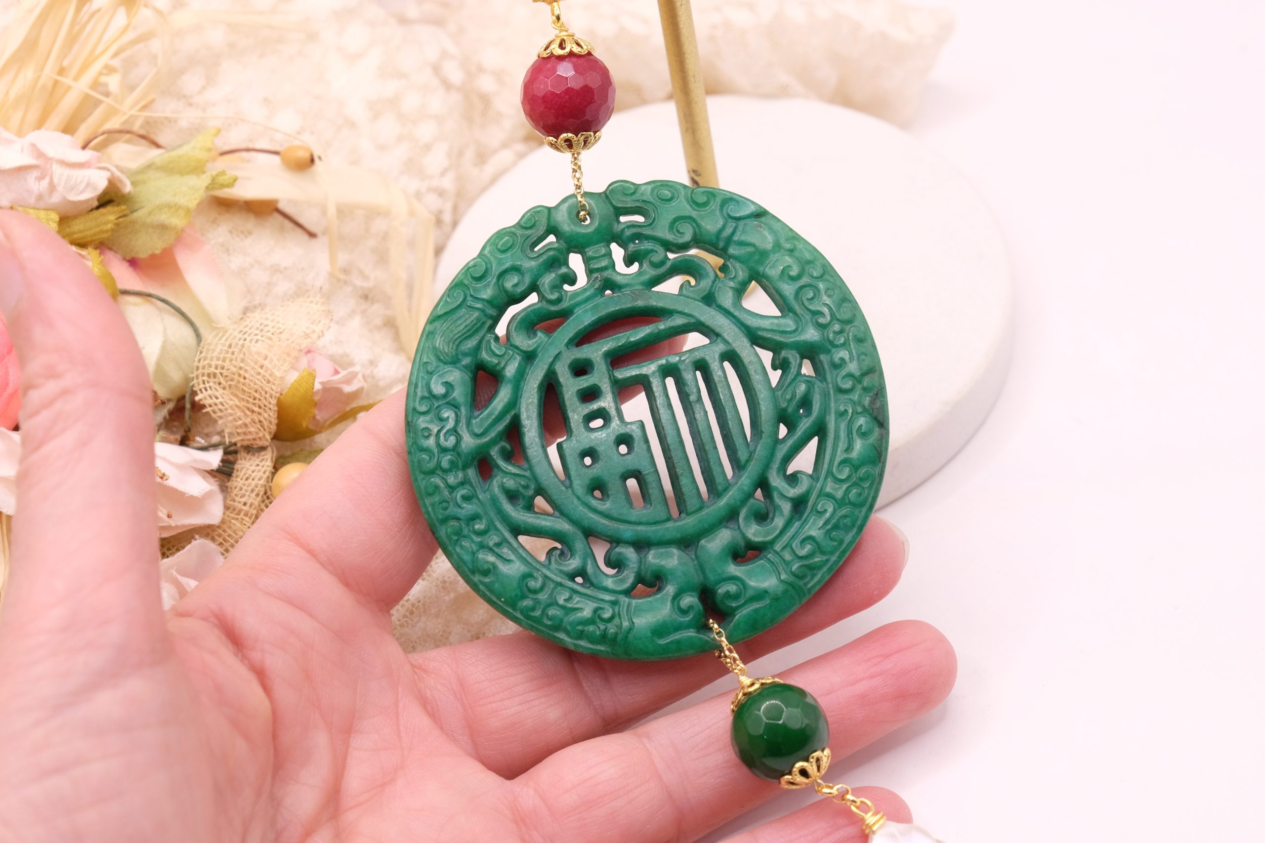 CIONDOLO MANDALA PENDENTE VERDE CON PIETRE PERLE (7)