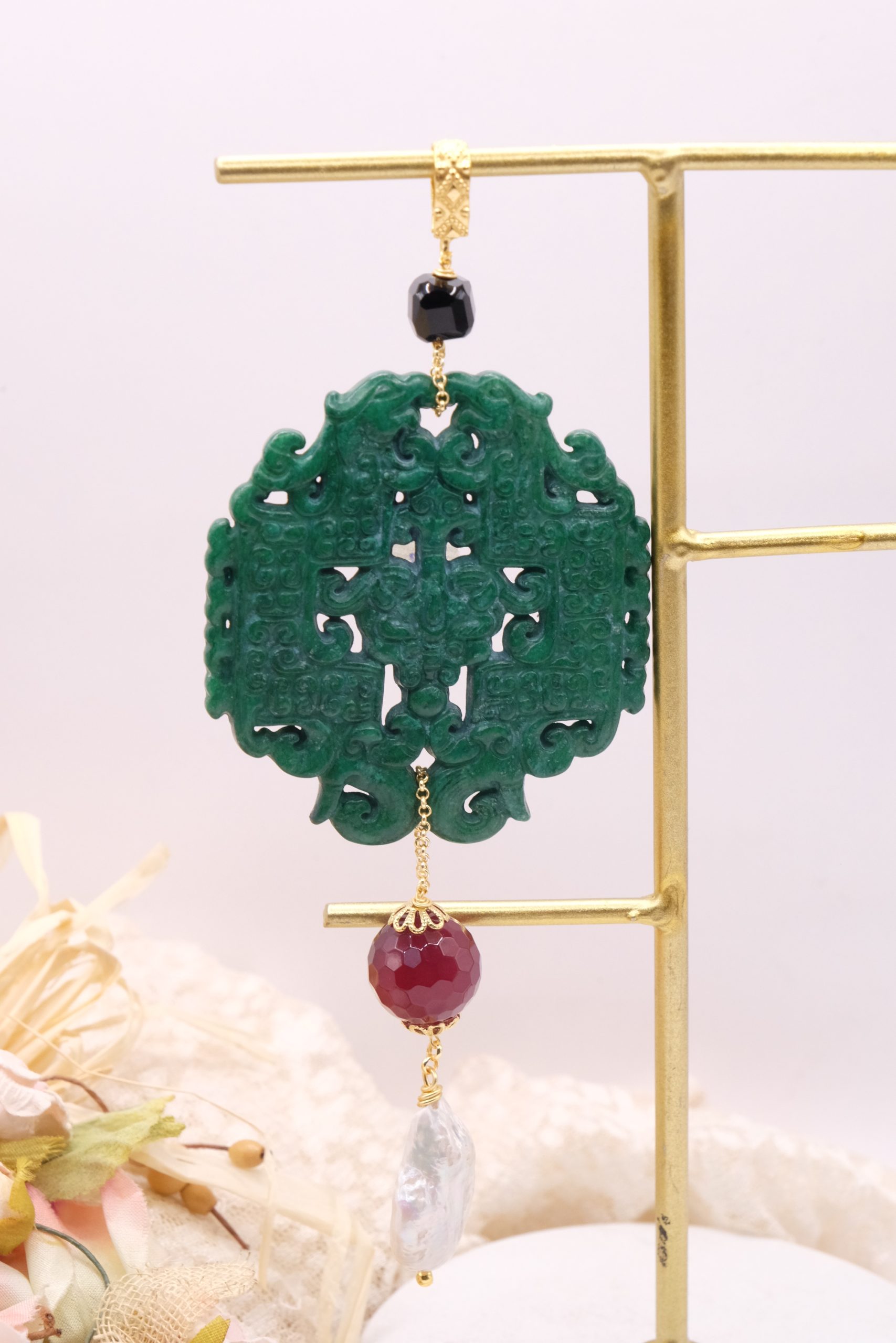 CIONDOLO MANDALA PENDENTE VERDE CON PIETRE PERLE (8)