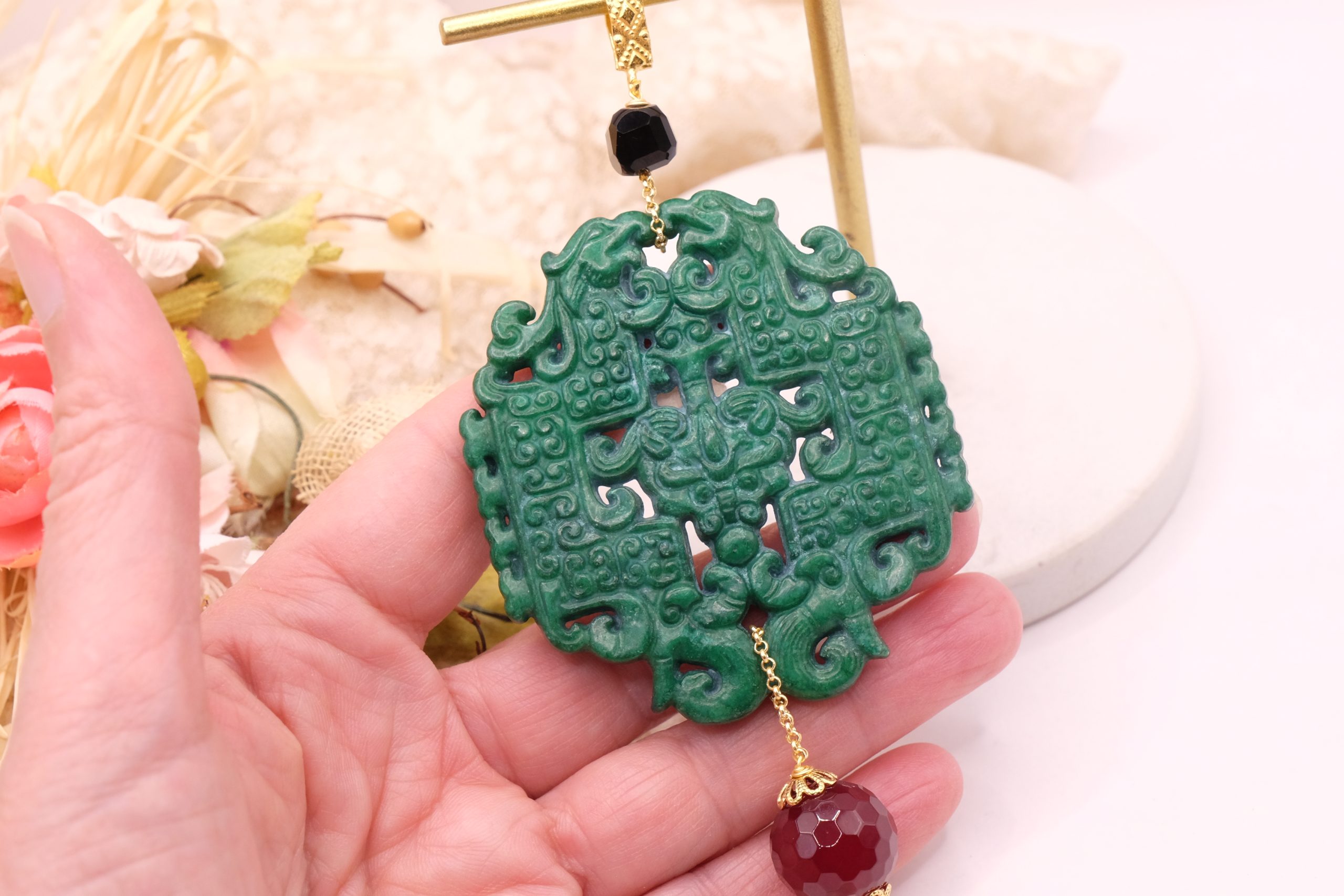 CIONDOLO MANDALA PENDENTE VERDE CON PIETRE PERLE (9)