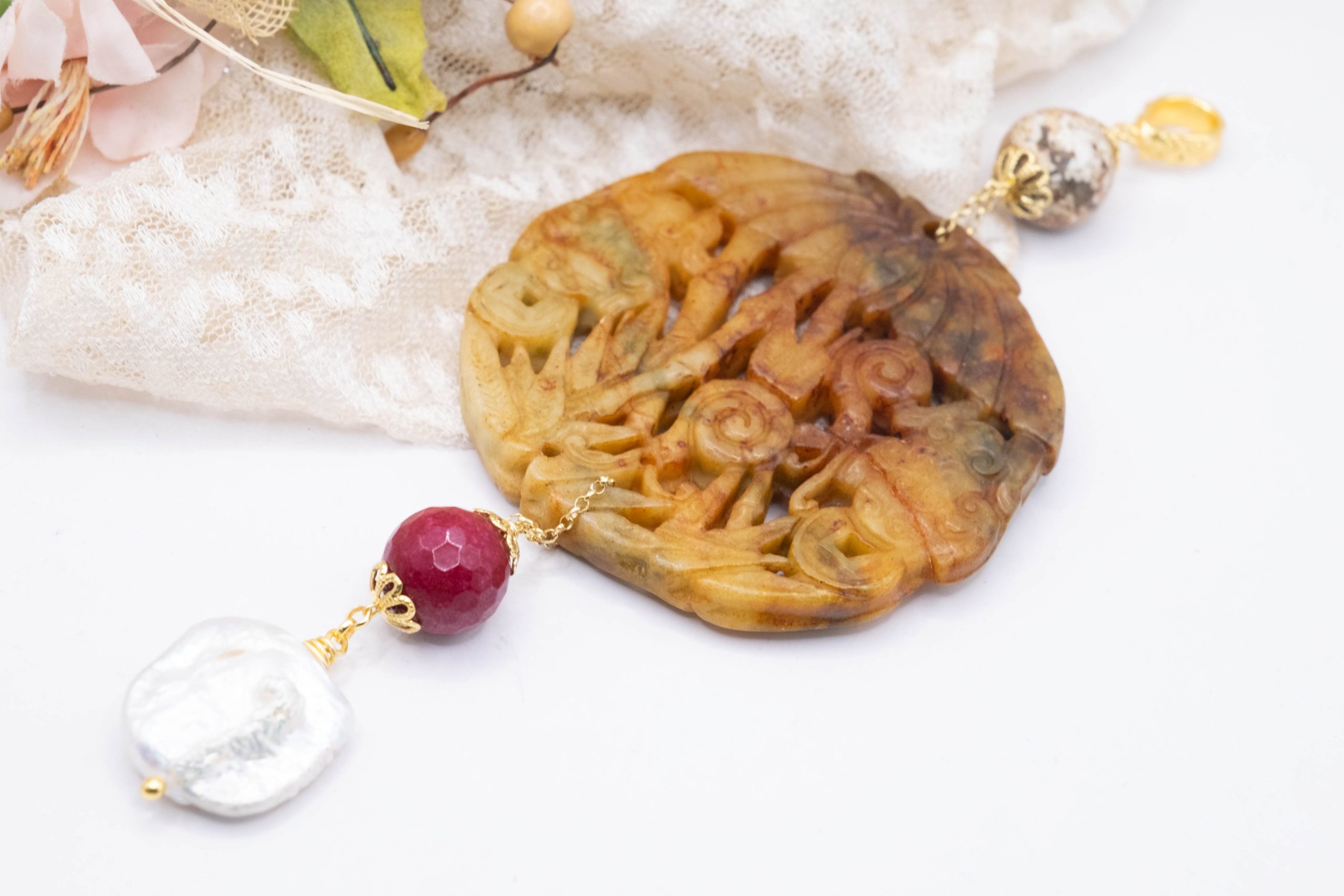 MANDALA PENDANT JADE EARTH NATURAL STONES PEARLS (11)