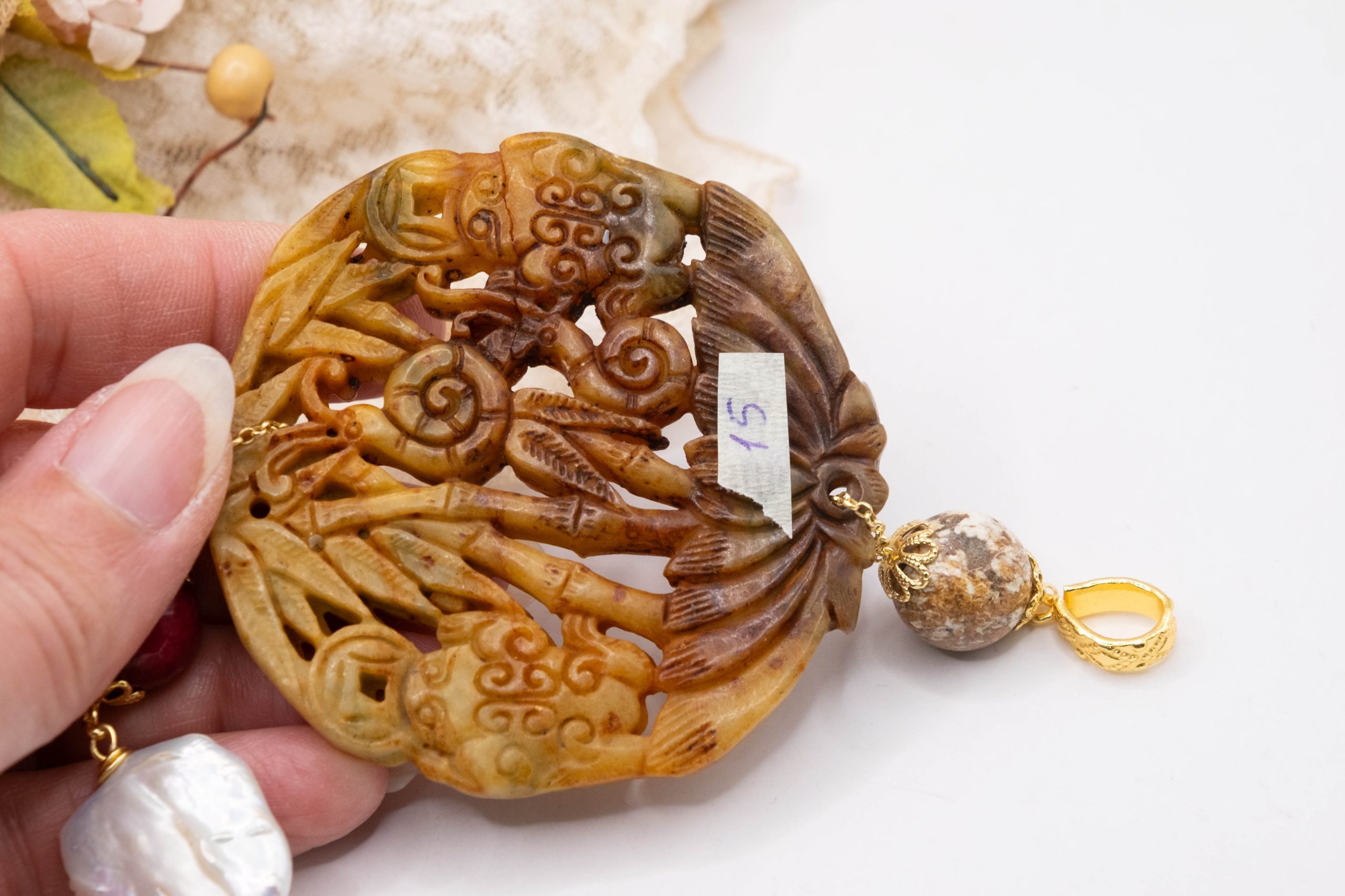 MANDALA PENDANT JADE EARTH NATURAL STONES PEARLS (12)