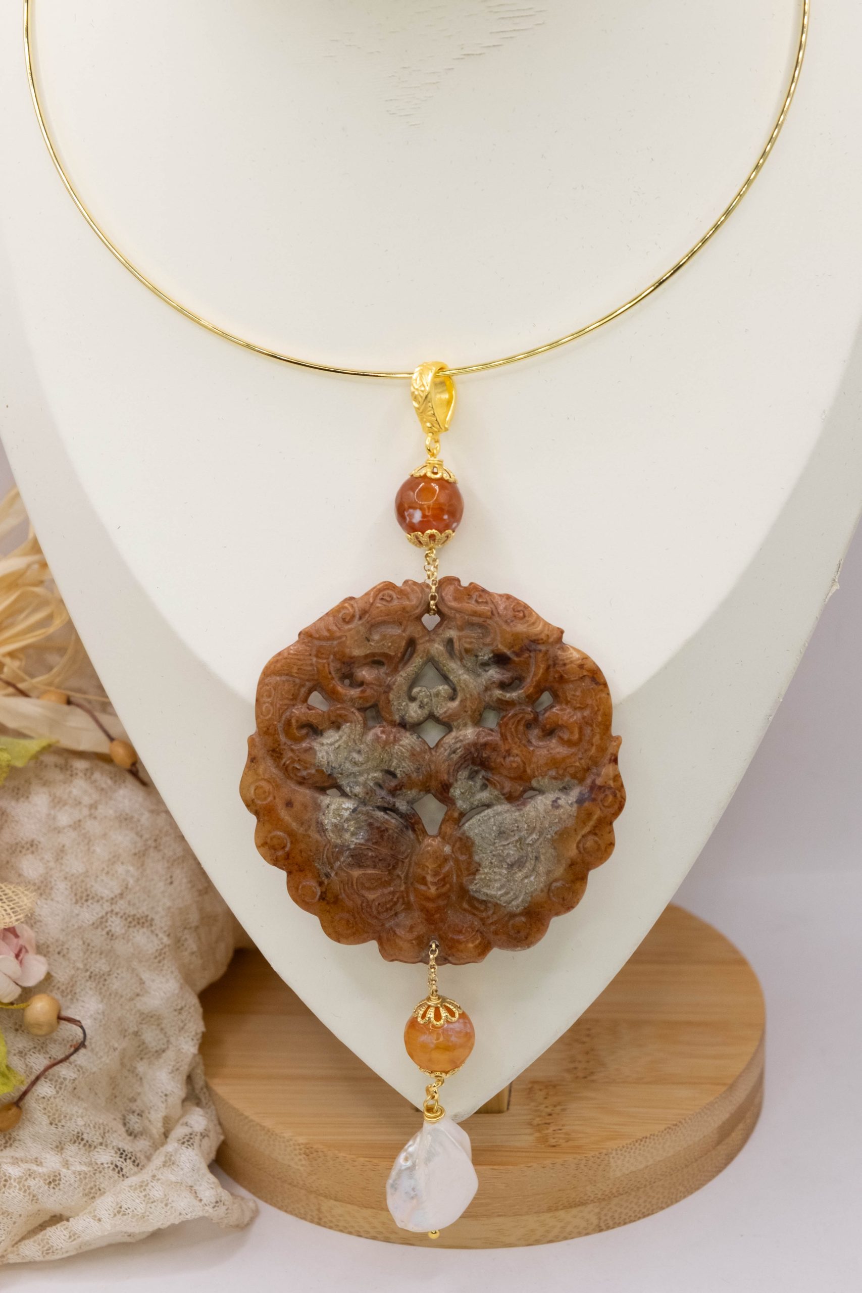 MANDALA PENDANT JADE EARTH NATURAL STONES PEARLS 14