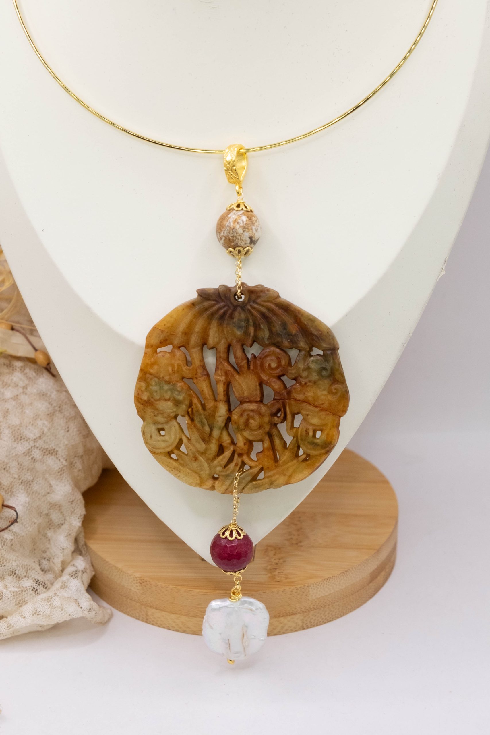 MANDALA PENDANT JADE EARTH NATURAL STONES PEARLS 15