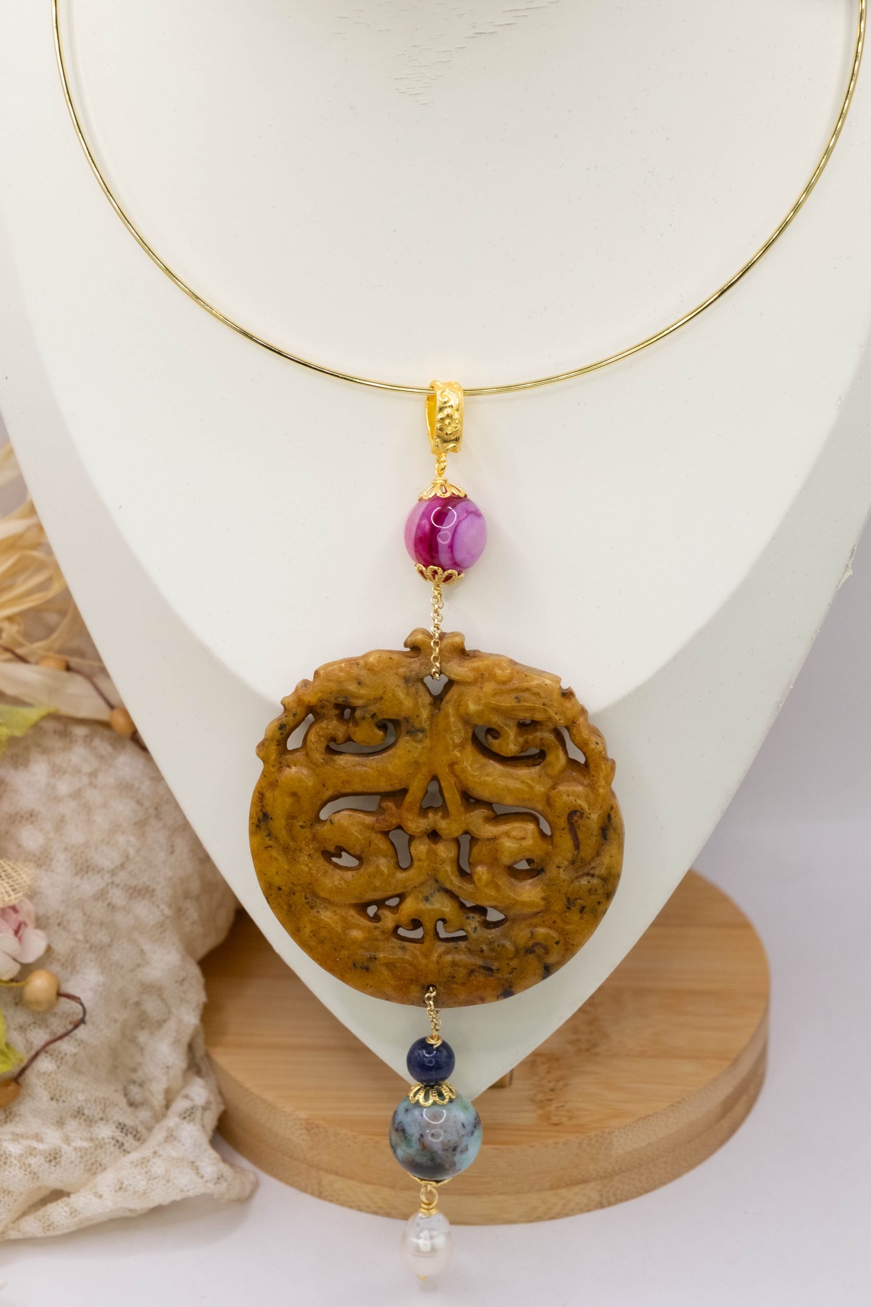 MANDALA PENDANT JADE EARTH NATURAL STONES PEARLS 16