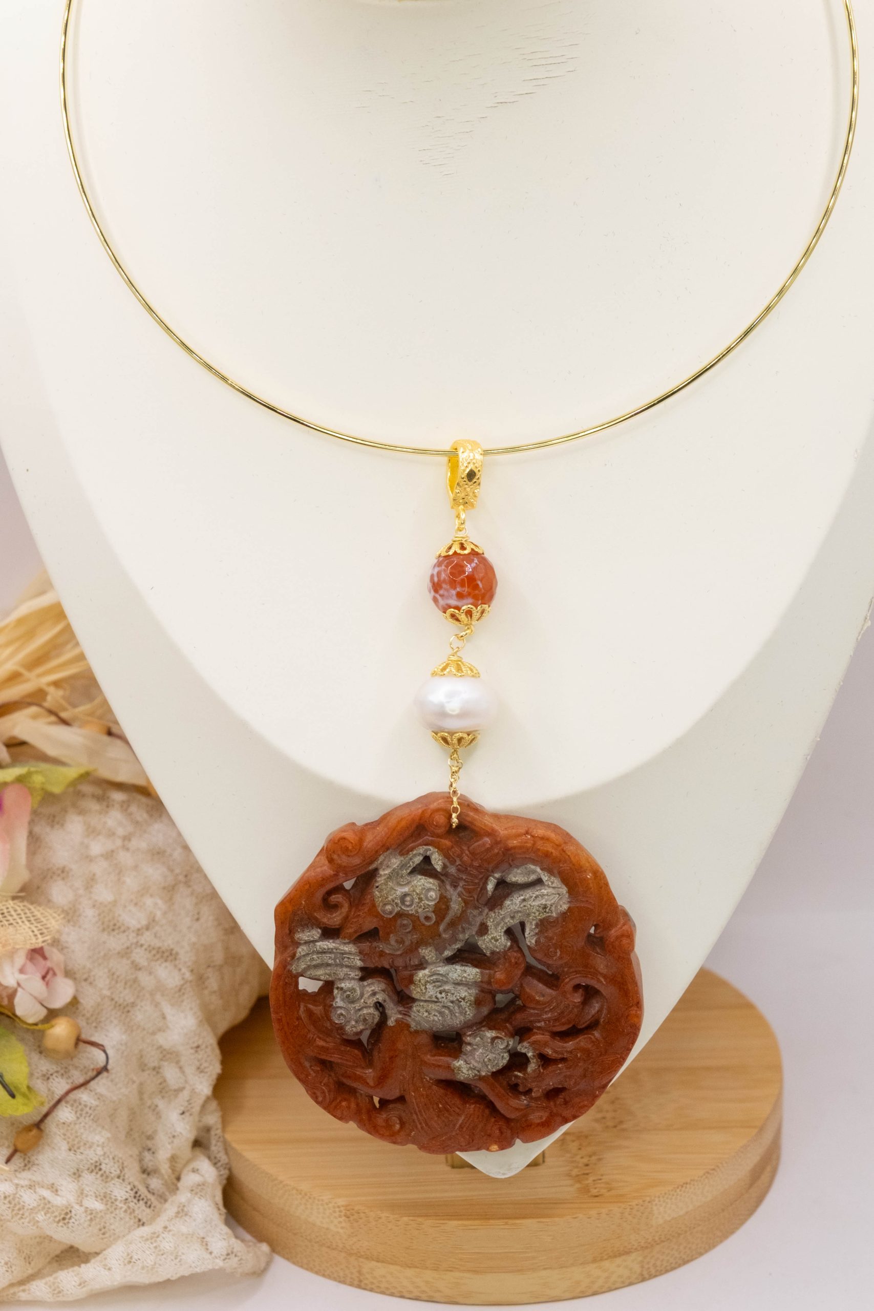 MANDALA PENDANT JADE EARTH NATURAL STONES PEARLS 25