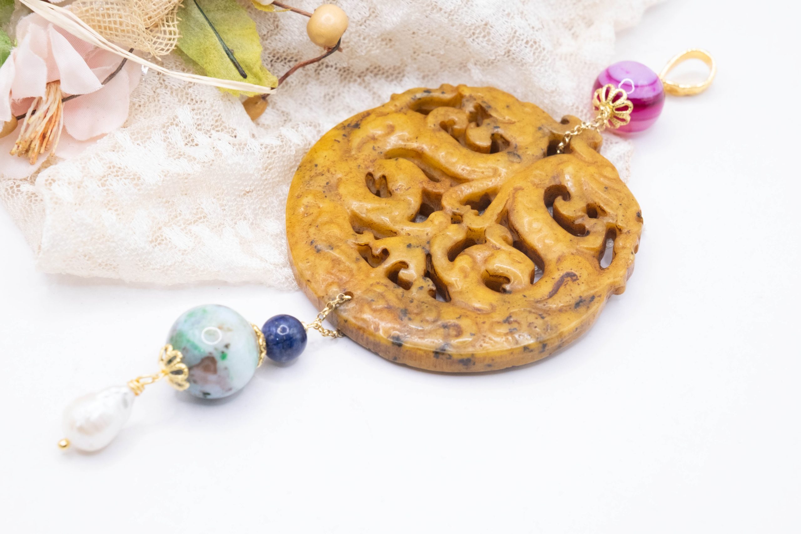 MANDALA PENDANT JADE EARTH NATURAL STONES PEARLS (9)