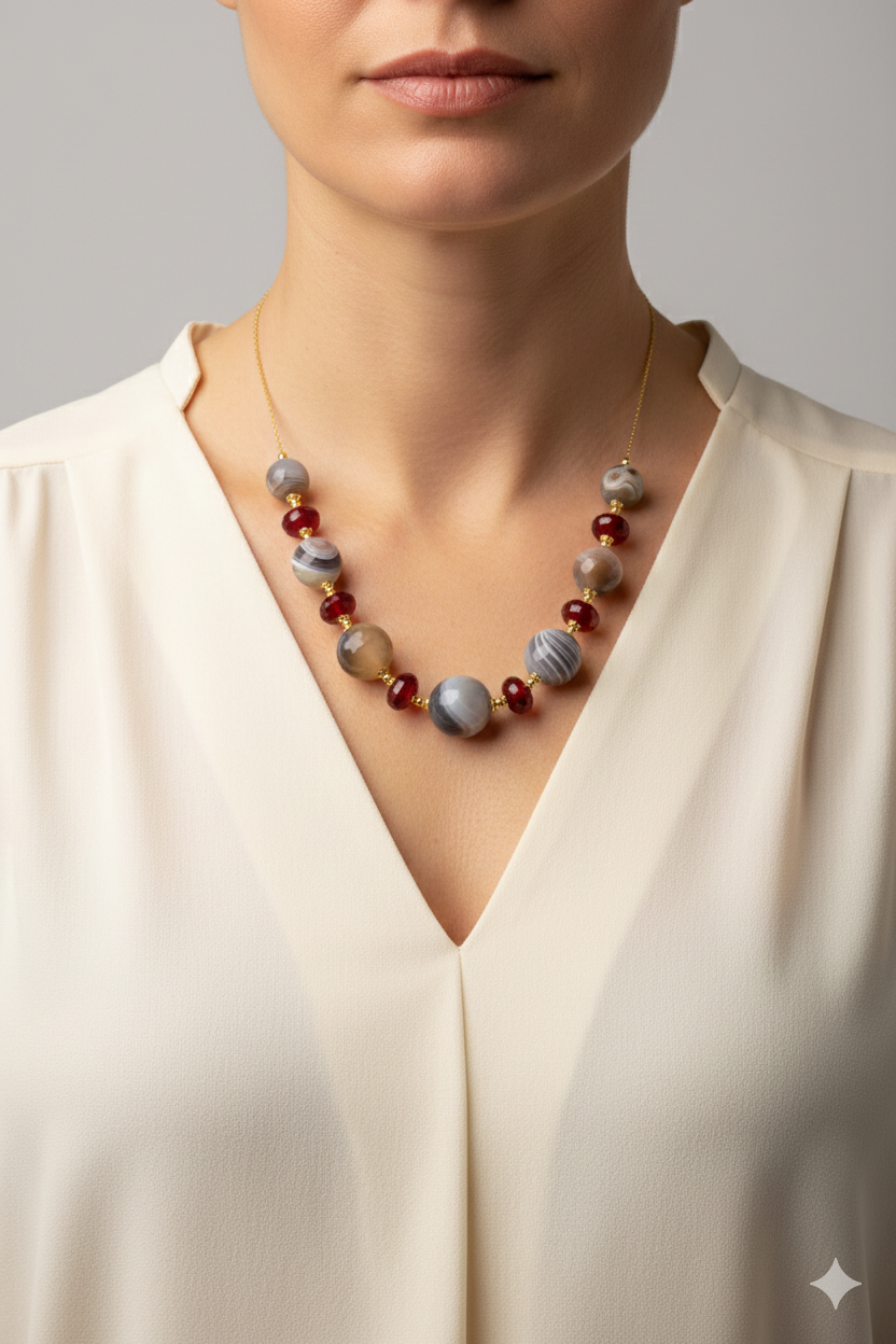 COLLANA A SCORRIMENTO AGATA BOTSWANA GIADA BORGOGNA ARGENTO 925 DORATO