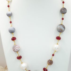 Collana Agata Botswana Giada Borgogna Perle Argento 925