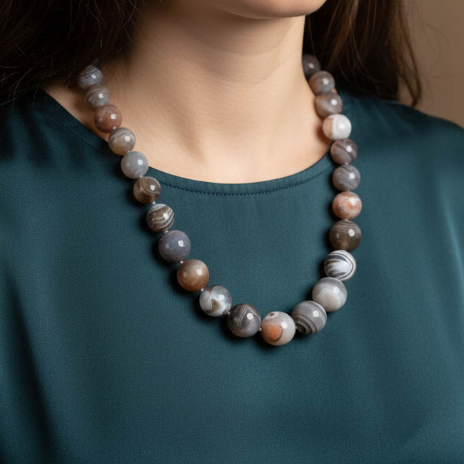 COLLANA AGATA BOTSWANA PERLE ARGENTO ARTIGIANALE B