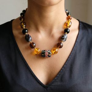 Collana Resina Ambra Ebano Calcedonio Nero Acciaio