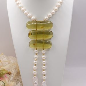 Collana Lunga Perle Naturali Alta Qualità Pendente in Ambra del Baltico Verde