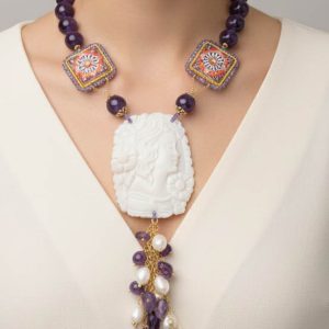Collana in Ametista Ceramica di Caltagirone e cammeo di Torre del Greco